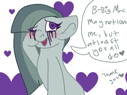 Size: 800x600 | Tagged: safe, artist:crippling depression, character:marble pie, species:earth pony, species:pony, blushing, bronybait, crying, cute, female, floppy ears, heart, heart eyes, heartbreak, implied marblemac, implied shipping, implied straight, implied sugarmac, looking at you, makeup, marblebetes, open mouth, running makeup, solo, stuttering, tears of joy, wingding eyes, wiping, wiping tears