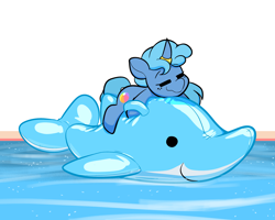 Size: 3000x2400 | Tagged: safe, artist:latexia, oc, oc only, oc:ocean shores, species:pony, species:unicorn, dolphin, eyes closed, floaty, horn, horn ring, hug, inflatable, inflatable toy, pool toy, smiling, solo, swimming pool, water