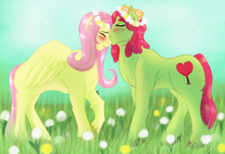 Size: 1600x1100 | Tagged: safe, artist:anxiousshadowpetals, character:fluttershy, character:tree hugger, species:pony, ship:flutterhugger, blushing, female, floral head wreath, flower, flower in hair, kissing, lesbian, shipping, wreath