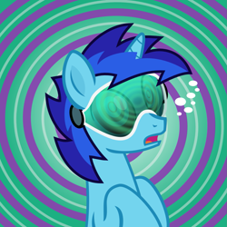Size: 1463x1462 | Tagged: safe, artist:nxzc88, oc, oc only, oc:dial liyon, species:pony, species:unicorn, brainwashing, bust, commission, hypnogear, hypnogoggles, hypnosis, male, open mouth, portrait, show accurate, solo, spiral background, stallion, swirly eyes, vector, visor