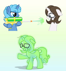 Size: 5000x5421 | Tagged: safe, artist:nxzc88, oc, oc only, oc:ocean shores, oc:pyrisa miracles, species:pony, species:unicorn, absurd resolution, bondage, duo, encasement, female, floppy ears, glasses, goo, gradient background, gritted teeth, inflatable, inflatable pony, latex, living latex, mare, onomatopoeia, open mouth, original species, pooltoy pony, raised leg, rubber, shooting, show accurate, smiling, smirk, splashing, super soaker, transformation, unsound effect, vector, watergun, wide eyes