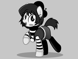 Size: 1200x900 | Tagged: safe, artist:nxzc88, oc, oc:isabelle incraft, oc:izzy, species:earth pony, species:pony, beret, blush sticker, blushing, clothing, commission, female, gray background, grayscale, hat, looking at you, mare, mime, monochrome, open mouth, raised hoof, show accurate, simple background, smiling, solo, striped shirt, vector