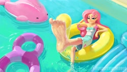 Size: 3840x2160 | Tagged: safe, artist:louislithium, character:fluttershy, episode:i'm on a yacht, g4, my little pony: equestria girls, my little pony:equestria girls, spoiler:eqg series (season 2), armpits, barefoot, feet, female, floaty, flutterfeet, foot focus, inflatable, inflatable toy, inner tube, pool toy, scene interpretation, soles, solo, toes, wiggling toes
