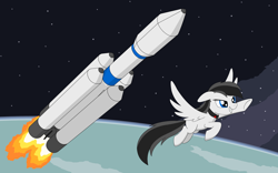 Size: 4094x2548 | Tagged: safe, artist:lonebigcity, oc, oc:mirny angara, species:pegasus, species:pony, flying, rocket, simple background, solo, space