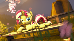Size: 3840x2160 | Tagged: safe, artist:alicorntwilysparkle, character:sunset shimmer, species:pony, species:unicorn, 3d, 4k, cute, draw me like one of your french girls, female, flower, grass, lidded eyes, looking at you, mare, picnic table, prone, shimmerbetes, smiling, solo, source filmmaker, table