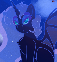 Size: 540x593 | Tagged: safe, artist:crippling depression, character:nightmare moon, character:princess luna, species:alicorn, species:pony, bat wings, bedroom eyes, chest fluff, cloud, cute, eyeshadow, female, looking at you, makeup, missing accessory, night, no armor, o.o, signature, solo, stars, wings