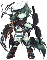 Size: 965x1236 | Tagged: safe, artist:roshichen, species:earth pony, species:pony, belt, beret, bipedal, boots, bullet, cape, clothing, cute, cutlass, eyepatch, gloves, green eyes, green hair, green mane, hat, kantai collection, kiso, kuma class light cruiser, miniskirt, pauldron, pleated skirt, ponified, rigging, sailor uniform, semi-anthro, shipmare, shoes, skirt, solo, sword, torpedo cruiser, weapon