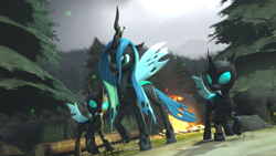 Size: 3840x2160 | Tagged: safe, artist:alicorntwilysparkle, character:queen chrysalis, species:changeling, 3d, camping, changeling queen, female, forest