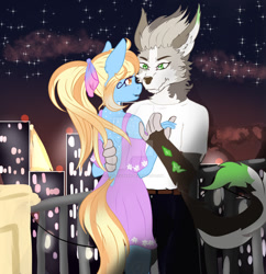 Size: 1024x1059 | Tagged: safe, artist:coffeevixxen, oc, oc only, oc:malachite, oc:summer breeze, species:anthro, species:diamond dog, species:earth pony, species:pony, anthro oc, city, cityscape, clothing, commission, dancing, female, furry, looking at each other, male, mare, oc x oc, shipping