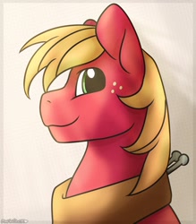 Size: 946x1080 | Tagged: safe, artist:mariashapony, character:big mcintosh, species:earth pony, species:pony, abstract background, cute, looking at you, looking sideways, macabetes, male, profile, smiling, solo, stallion