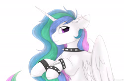 Size: 1920x1262 | Tagged: safe, artist:mariashapony, character:princess celestia, species:alicorn, species:pony, barbell piercing, choker, ear piercing, earring, eyebrows, eyebrows visible through hair, female, jewelry, lidded eyes, looking at you, mare, missing accessory, piercing, punk, punklestia, raised hoof, simple background, smiling, solo, spiked choker, spiked wristband, white background, wristband