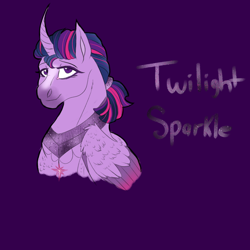 Size: 2350x2350 | Tagged: safe, artist:xxhuntersguardianxx, part of a set, character:twilight sparkle, character:twilight sparkle (alicorn), species:alicorn, species:pony, blaze (coat marking), bust, curved horn, female, hoers, horn, jewelry, lidded eyes, looking at you, mare, necklace, peytral, ponytail, purple background, redesign, simple background, solo, wing claws