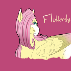 Size: 2350x2350 | Tagged: safe, artist:xxhuntersguardianxx, part of a set, character:fluttershy, species:pegasus, species:pony, blaze (coat marking), colored wings, colored wingtips, female, hair over one eye, looking at you, mare, pink background, redesign, simple background, solo