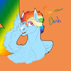Size: 2350x2350 | Tagged: safe, artist:xxhuntersguardianxx, part of a set, character:rainbow dash, species:pegasus, species:pony, blaze (coat marking), coat markings, colored wings, female, lidded eyes, looking at you, mare, one wing out, open mouth, orange background, redesign, sharp teeth, simple background, solo, stray strand, teeth, wings