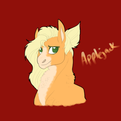 Size: 2350x2350 | Tagged: safe, artist:xxhuntersguardianxx, part of a set, character:applejack, species:earth pony, species:pony, blaze (coat marking), bust, chest fluff, coat markings, female, hatless, looking at you, mare, missing accessory, red background, redesign, simple background, solo
