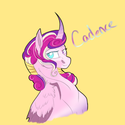 Size: 2350x2350 | Tagged: safe, artist:xxhuntersguardianxx, part of a set, character:princess cadance, species:alicorn, species:pony, bust, coat markings, colored wings, curved horn, female, hair tie, heterochromia, horn, lidded eyes, looking sideways, mare, redesign, simple background, solo, wing claws, wings, yellow background
