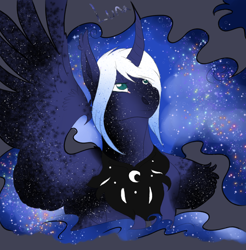 Size: 2310x2350 | Tagged: safe, artist:xxhuntersguardianxx, part of a set, character:princess luna, species:alicorn, species:pony, bust, curved horn, ear fluff, ethereal mane, female, galaxy mane, gray background, horn, mare, missing accessory, one wing out, peytral, redesign, simple background, slit eyes, solo, starry wings, stars, white mane, wings