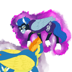 Size: 2360x2360 | Tagged: safe, artist:xxhuntersguardianxx, character:nightshade, character:spitfire, species:pegasus, species:pony, fanfic:piercing the heavens, circling, clothing, confrontation, costume, duo, ear fluff, fanfic art, female, grin, mare, missing accessory, shadowbolts costume, simple background, smiling, standoff, transparent background, uniform, unshorn fetlocks, wonderbolts uniform