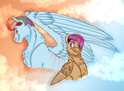 Size: 3186x2350 | Tagged: safe, artist:xxhuntersguardianxx, character:rainbow dash, character:scootaloo, species:pegasus, species:pony, abstract background, alternate hairstyle, big wings, chest fluff, duo, eye scar, female, gap teeth, grin, hair over one eye, looking at each other, mare, older, one wing out, scar, scootalove, sidemouth, smiling, wings