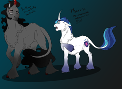 Size: 3186x2350 | Tagged: dead source, safe, artist:xxhuntersguardianxx, character:king sombra, character:shining armor, species:classical unicorn, species:pony, species:unicorn, ship:shiningsombra, alternate universe, blank flank, chest fluff, cloven hooves, coat markings, curved horn, floppy ears, fluffy, gay, gradient background, horn, infidelity, leonine tail, male, male pregnancy, missing accessory, open mouth, pregarmor, pregnant, raised hoof, scar, shipping, size difference, speech, stallion, unshorn fetlocks