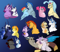 Size: 3603x3160 | Tagged: safe, artist:xxhuntersguardianxx, character:applejack, character:discord, character:fancypants, character:king sombra, character:nightshade, character:pinkie pie, character:princess celestia, character:princess luna, character:princess skystar, character:rainbow dash, character:rarity, character:shining armor, character:spitfire, character:starlight glimmer, character:sunburst, character:twilight sparkle, character:twilight sparkle (alicorn), species:alicorn, species:classical hippogriff, species:draconequus, species:earth pony, species:hippogriff, species:pegasus, species:pony, species:unicorn, ship:dislestia, ship:rarilight, ship:shiningsombra, ship:skypie, ship:starburst, bust, coat markings, crack shipping, curved horn, fancijack, female, gay, gradient background, horn, infidelity, kissing, lesbian, lunafire, male, mare, rainbowshade, redesign, shipping, stallion, straight