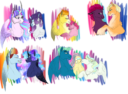 Size: 3186x2350 | Tagged: safe, artist:xxhuntersguardianxx, character:applejack, character:fluttershy, character:pinkie pie, character:princess luna, character:rainbow dash, character:rarity, character:sky stinger, character:spitfire, character:tempest shadow, character:twilight sparkle, character:twilight sparkle (alicorn), character:vapor trail, species:alicorn, species:earth pony, species:pegasus, species:pony, species:unicorn, ship:lunadash, ship:rarilight, ship:vaporsky, g4, alternate hairstyle, alternate universe, broken horn, bust, crack shipping, curved horn, ethereal mane, eyes closed, female, floppy ears, fluttersky, galaxy mane, grin, hatless, horn, kissing, lesbian, lidded eyes, looking at each other, male, mare, missing accessory, nuzzling, polyamory, pride, rainbow power, redesign, shipping, simple background, smiling, spitpie, stallion, straight, tempestjack, transparent background, vaporshy, vaporskyshy