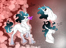 Size: 3186x2350 | Tagged: safe, artist:xxhuntersguardianxx, oc, oc only, oc:sallow, parent:king sombra, parent:shining armor, parents:shiningsombra, species:classical unicorn, species:pony, species:unicorn, abstract background, alternate universe, angry, blank flank, chest fluff, cloven hooves, curved horn, eyeshadow, fangs, female, floppy ears, fluffy, glowing horn, grin, horn, leonine tail, magical gay spawn, makeup, mare, offspring, raised hoof, smiling, solo, sombra eyes, stars, story included, unshorn fetlocks