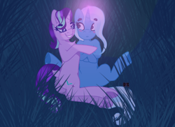 Size: 1048x762 | Tagged: safe, artist:crippling depression, character:starlight glimmer, character:trixie, species:pony, species:unicorn, ship:startrix, bedroom eyes, blushing, cuddling, cute, female, grass, le lenny face, lesbian, o.o, outdoors, shipping, signature, thick eyebrows