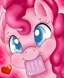 Size: 2550x3100 | Tagged: dead source, safe, artist:twiddledittle, character:pinkie pie, species:pony, episode:hearts and hooves day, g4, my little pony: friendship is magic, bust, colored pupils, cute, diapinkes, female, heart, high res, holiday, mare, mouth hold, portrait, solo, valentine's day, valentine's day card