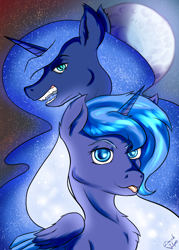 Size: 1000x1400 | Tagged: safe, artist:darkvulpes, character:nightmare moon, character:princess luna, species:alicorn, species:pony, duo, fangs, female, horn, looking at you, moon, night, simple background, smiling, smirk, stars, tongue out, tulpa, wings