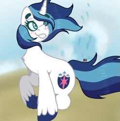 Size: 593x600 | Tagged: safe, artist:crippling depression, character:shining armor, species:pony, species:unicorn, beach, blushing, cute, gleamibetes, gleaming shield, raised hoof, rule 63, rule63betes, shining adorable, signature, sitting, smiling, solo, wind, windswept mane