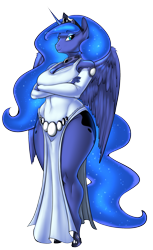 Size: 1402x2289 | Tagged: safe, artist:joenobody, character:princess luna, species:alicorn, species:anthro, species:unguligrade anthro, g4, big breasts, breasts, busty princess luna, cleavage, clothing, crossed arms, crown, dress, ethereal mane, evening gloves, eyeshadow, female, fingerless elbow gloves, fingerless gloves, gloves, jewelry, lidded eyes, long gloves, makeup, mare, necklace, regalia, side slit, simple background, smiling, solo, transparent background, wide hips, wing fluff