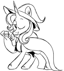 Size: 633x704 | Tagged: safe, artist:woollily, character:trixie, species:pony, species:unicorn, cape, clothing, female, hat, looking at you, mare, monochrome, one eye closed, playing card, smiling, solo, trixie's cape, trixie's hat