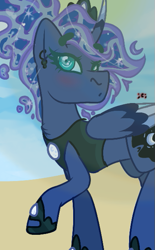 Size: 377x609 | Tagged: safe, artist:crippling depression, character:princess luna, character:trixie, species:alicorn, species:pony, alternate hairstyle, beach, blushing, colored wings, crown, curved horn, ear piercing, earring, female, horn, jewelry, looking at you, multicolored horn, multicolored wings, o.o, piercing, princess shoes, regalia, signature, solo, wings