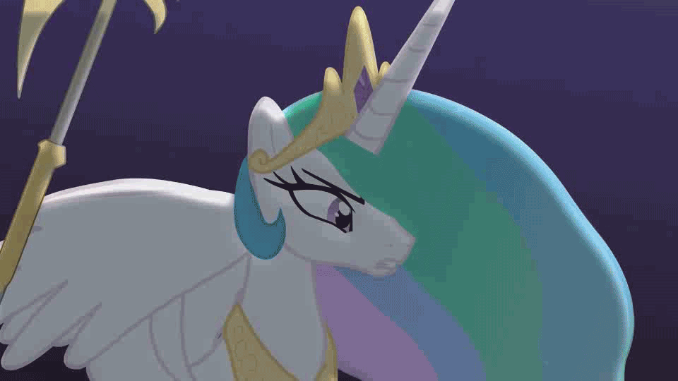 Size: 960x540 | Tagged: safe, artist:sillyfillystudios, character:king sombra, character:princess celestia, species:alicorn, species:pony, species:unicorn, animated, armor, dark magic, fall of the crystal empire, female, gif, halberd, i can't believe it's not hasbro studios, magic, male, scythe, sombra eyes, spread wings, warrior celestia, weapon, wings