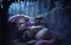 Size: 3000x1900 | Tagged: safe, artist:vanillaghosties, character:fluttershy, species:pegasus, species:pony, comfort, dark, female, forest, lip bite, mare, one eye closed, scenery, solo, squirrel, tree