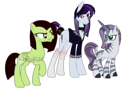 Size: 2040x1480 | Tagged: safe, artist:firefox238, oc, oc only, oc:jasmine teff, oc:midnight dew (ice1517), oc:white lilly, parent:applejack, parent:inky rose, parent:moonlight raven, parent:rarity, parent:strawberry sunrise, parent:zecora, parents:applerise, parents:inkyraven, parents:raricora, species:earth pony, species:pegasus, species:pony, species:unicorn, species:zebra, species:zony, icey-verse, choker, clothing, ear piercing, earring, eyebrow piercing, headpiece, hybrid, interspecies offspring, jacket, jewelry, magical lesbian spawn, next generation, nose piercing, nose ring, offspring, piercing, raised hoof, signature, simple background, socks, spiked wristband, stockings, thigh highs, transparent background, wristband