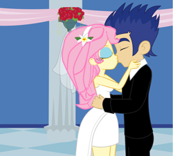 Size: 814x736 | Tagged: safe, artist:ilovegreendeathsalot, character:flash sentry, character:fluttershy, my little pony:equestria girls, clothing, dress, female, flutterflash, hug, kissing, male, marriage, shipping, straight, wedding, wedding dress