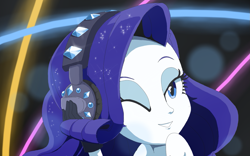 Size: 1359x850 | Tagged: safe, artist:vinilyart, character:rarity, episode:the other side, g4, my little pony: equestria girls, my little pony:equestria girls, eyeshadow, female, headphones, laser lights, makeup, one eye closed, smiling, solo, wink