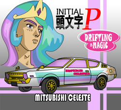Size: 800x726 | Tagged: safe, artist:sudro, character:princess celestia, car, crossover, humanized, initial d, japanese, parody
