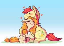 Size: 3073x2234 | Tagged: safe, artist:ohjeetorig, character:bright mac, character:pear butter, species:earth pony, species:pony, ship:brightbutter, blushing, brightabetes, clothing, colored hooves, cowboy hat, cute, eyes closed, female, floating heart, gradient background, hat, heart, male, mare, official fan art, pearabetes, shipping, sitting, snuggling, stallion, straight, unshorn fetlocks