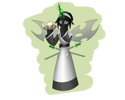 Size: 2560x2048 | Tagged: safe, artist:hugo231929, oc, species:changeling, apron, changeling queen, changeling queen oc, clothing, female, glowing horn, horn, katana, looking at you, magic, maid, semi-anthro, simple background, smiling, solo, sword, telekinesis, transparent background, weapon, white changeling