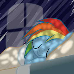 Size: 1024x1024 | Tagged: safe, artist:vunlinur, character:rainbow dash, species:pegasus, species:pony, bed, dappled sunlight, female, mare, moonlight, night, sleeping, smiling, solo