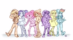 Size: 2714x1508 | Tagged: safe, artist:ohjeetorig, character:applejack, character:fluttershy, character:pinkie pie, character:rainbow dash, character:rarity, character:sunset shimmer, character:twilight sparkle, character:twilight sparkle (scitwi), species:eqg human, my little pony:equestria girls, boots, clothing, cowboy hat, earmuffs, freckles, glasses, hat, high heel boots, humane five, humane seven, humane six, jacket, miniskirt, official fan art, pantyhose, pleated skirt, raincoat, ripped pants, shoes, sketch, skirt, socks, stetson, thigh highs, winter outfit, zettai ryouiki