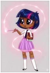 Size: 540x785 | Tagged: safe, artist:kora kosicka, character:twilight sparkle, species:human, my little pony:equestria girls, alternate hairstyle, book, clothing, concept art, cute, dark skin, female, gradient background, horn wand, humanized, magic, mary janes, moe, necktie, raised eyebrow, school uniform, shoes, short hair, skirt, smiling, socks, solo, sparkles, wand