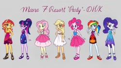 Size: 1200x675 | Tagged: safe, artist:kora kosicka, character:applejack, character:fluttershy, character:pinkie pie, character:rainbow dash, character:rarity, character:sunset shimmer, character:twilight sparkle, character:twilight sparkle (scitwi), species:eqg human, equestria girls:spring breakdown, g4, my little pony: equestria girls, my little pony:equestria girls, spoiler:eqg series (season 2), bare shoulders, beautiful, clothing, concept art, devil horn (gesture), dress, female, glasses, humane five, humane seven, humane six, sandals, sleeveless, strapless