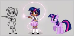 Size: 1885x917 | Tagged: safe, artist:kora kosicka, character:twilight sparkle, species:pony, species:unicorn, my little pony:equestria girls, chibi, clothing, concept art, cute, dark skin, female, lineart, mare, mary janes, moe, pleated skirt, shoes, skirt, socks, twiabetes