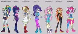 Size: 1920x837 | Tagged: safe, alternate version, artist:kora kosicka, character:applejack, character:fluttershy, character:pinkie pie, character:rainbow dash, character:rarity, character:sunset shimmer, character:twilight sparkle, character:twilight sparkle (scitwi), species:eqg human, my little pony:equestria girls, spoiler:eqg series (season 2), boots, clothing, concept art, cowboy hat, devil horn (gesture), dress, female, glasses, hat, humane five, humane seven, humane six, music festival, music festival outfit, pantyhose, ponytail, shoes, shorts, skirt, sneakers, socks, stetson