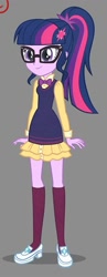Size: 437x1130 | Tagged: safe, alternate version, artist:kora kosicka, character:twilight sparkle, character:twilight sparkle (scitwi), species:eqg human, equestria girls:friendship games, g4, my little pony: equestria girls, my little pony:equestria girls, alternate costumes, clothing, crystal prep academy uniform, cute, glasses, ponytail, school uniform, shoes, skirt, smiling, socks