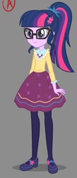 Size: 482x1104 | Tagged: safe, alternate version, artist:kora kosicka, character:twilight sparkle, character:twilight sparkle (scitwi), species:eqg human, equestria girls:friendship games, g4, my little pony: equestria girls, my little pony:equestria girls, alternate costumes, clothing, cute, female, glasses, mary janes, pantyhose, ponytail, shoes, skirt, smiling, solo